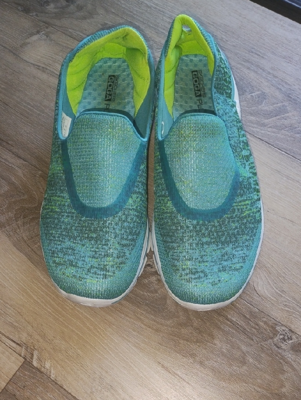 Skechers Slip-On Knit Sneakers in Teal & Lime Green